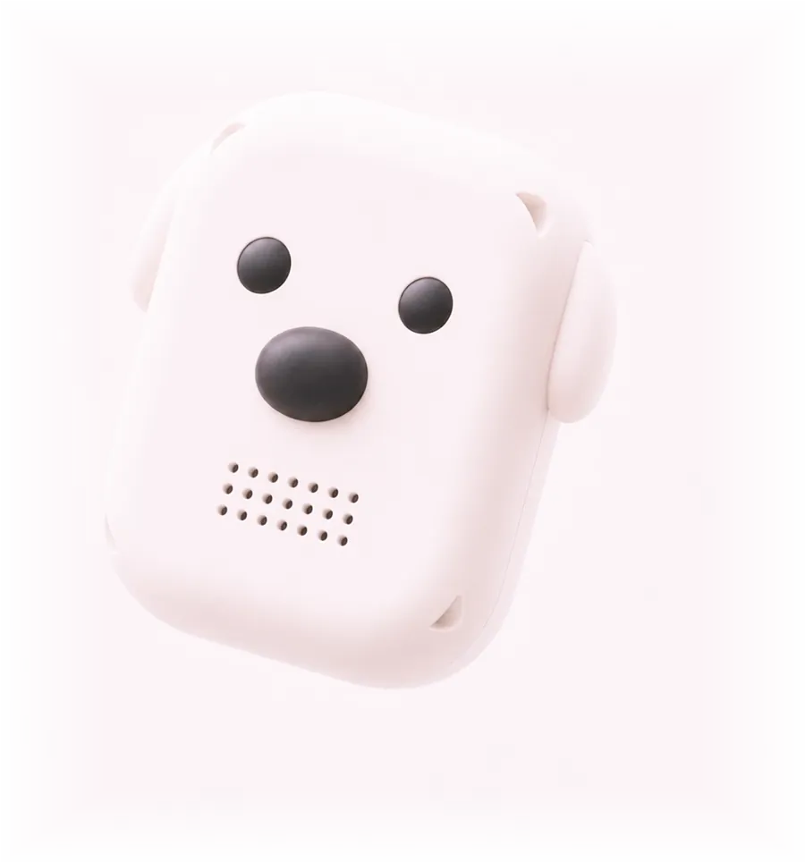 The Baby Voice Recorder turning to show its face, side, and the clip and charging contacts on the back